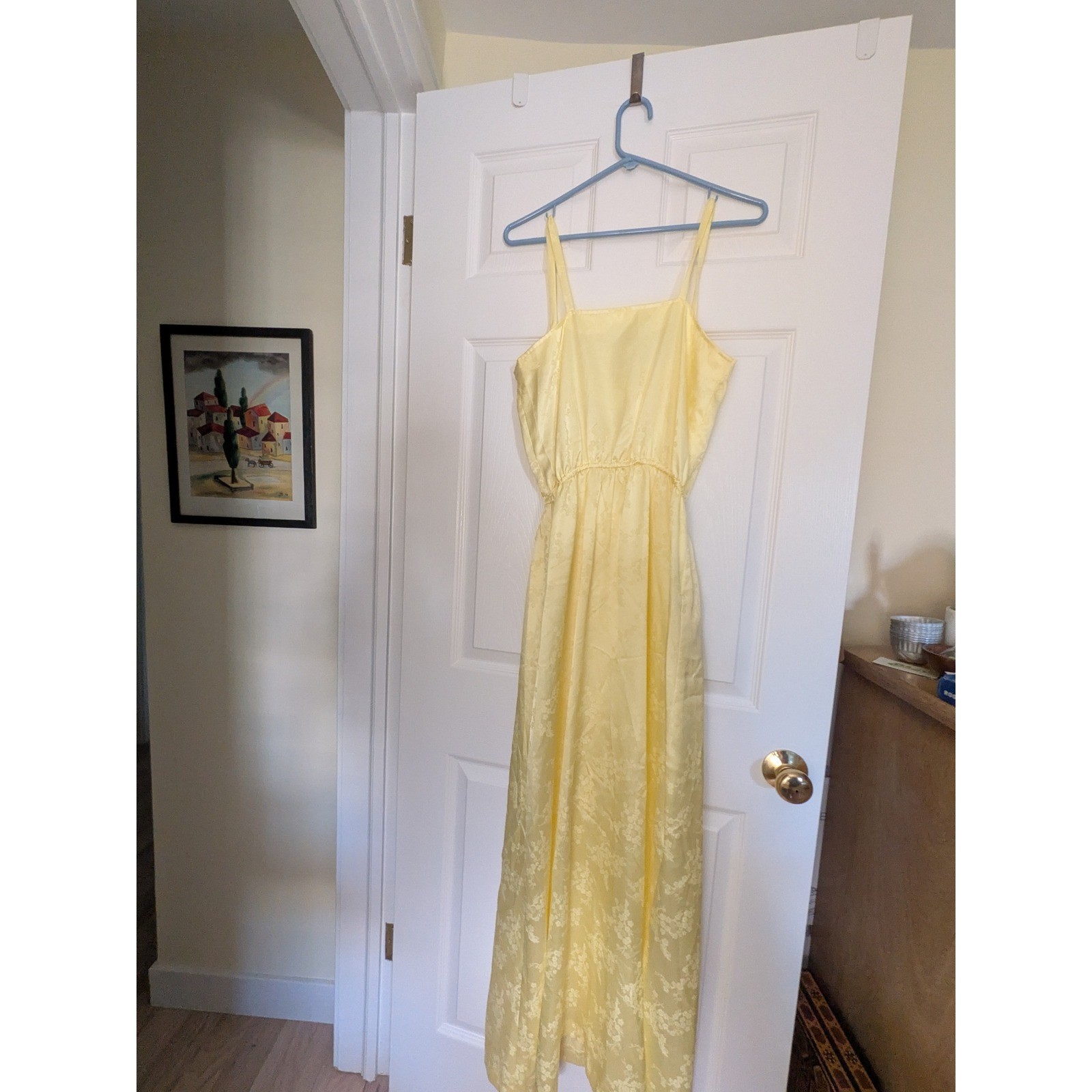 Vintage Yellow Floral Jacquard Maxi Dress Cowl Neck Elastic Waist Sleeveless M