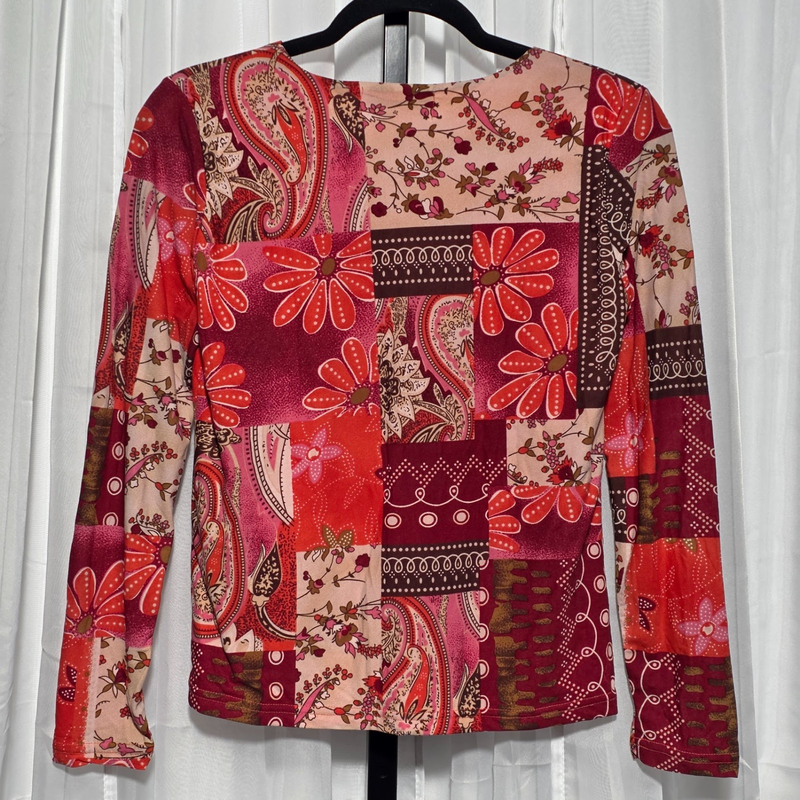 Vintage Joseph A. Y2K Patchwork Paisley Slinky Top Nylon Red Pink Medium