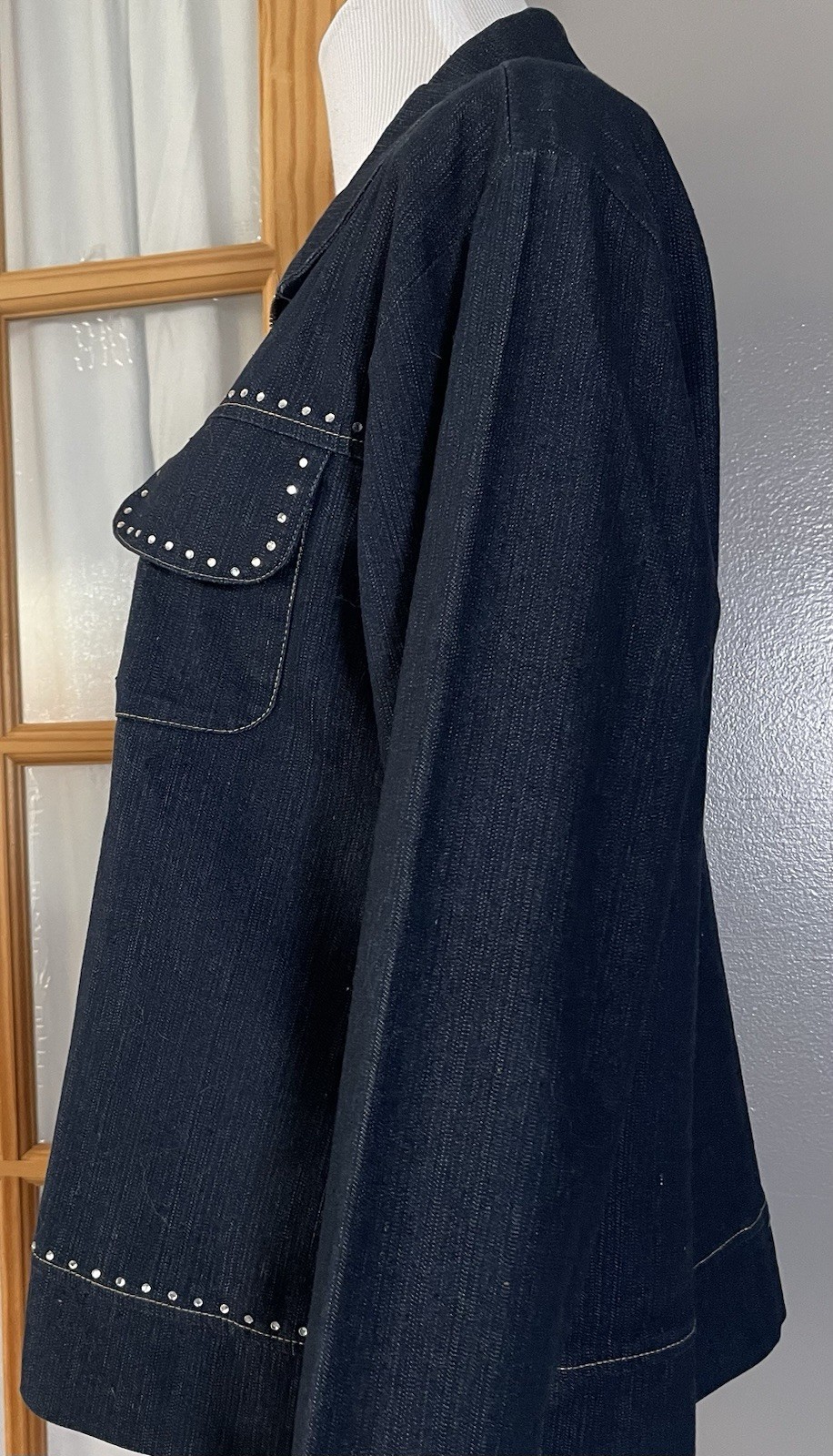 Vtg 80s Beaded Full Zip Jean Jacket Womens 16W Blue Chambray Rhinestones Classic