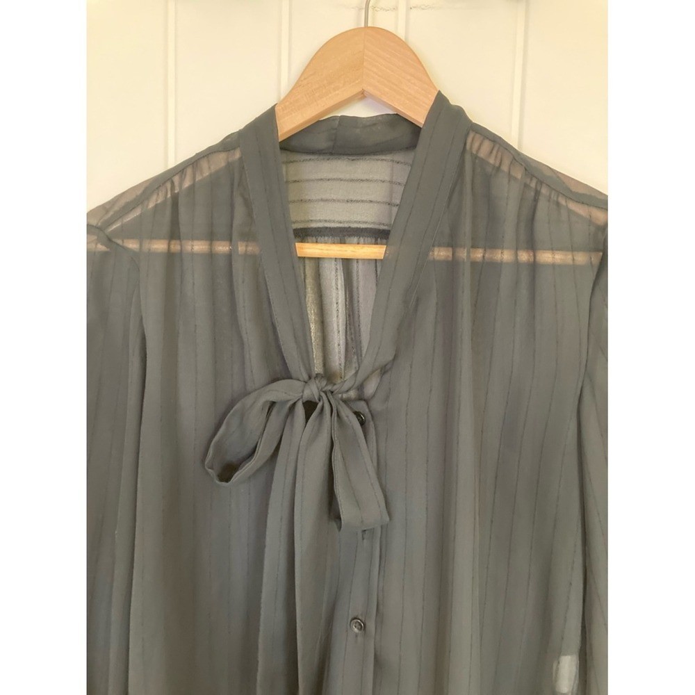 Vtg Gemilli Black Sheer Button Front Tie-Neck Blouse Size 5/6 Long Sleeve Office