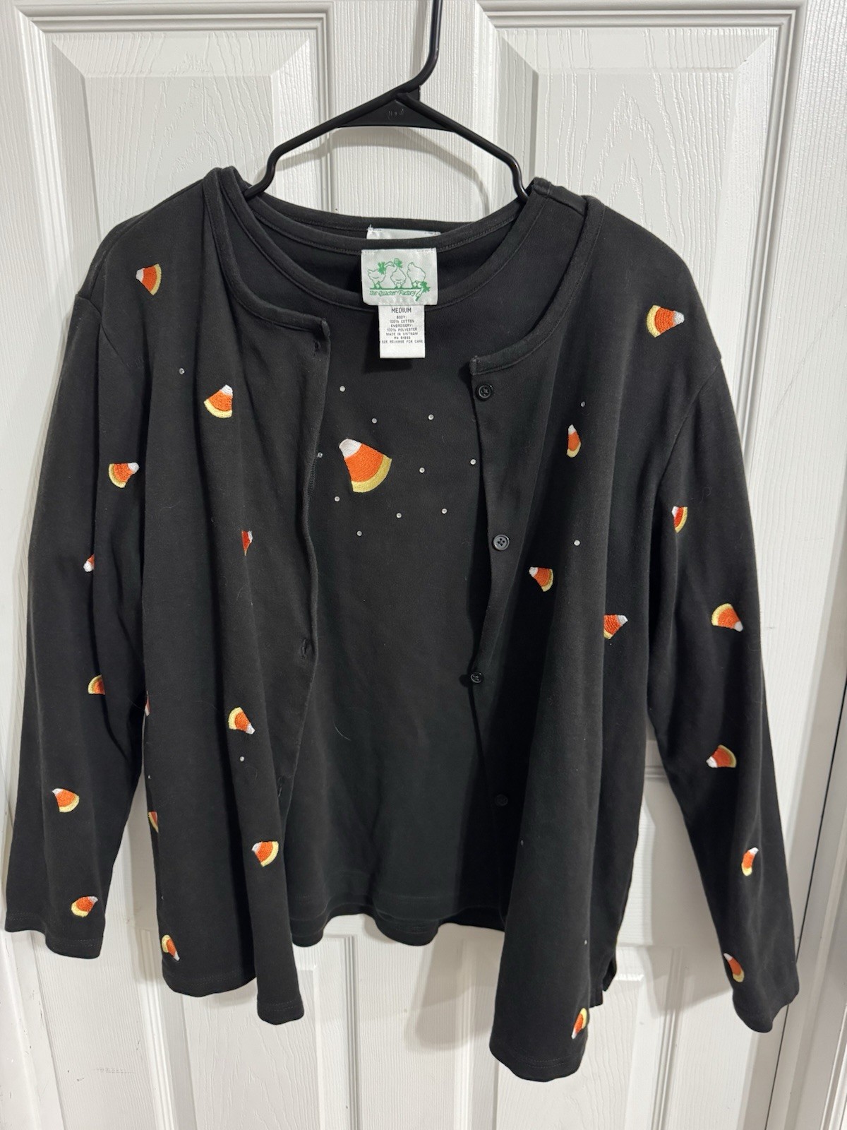 Vtg. Quaker Factory Women’s Medium 2-peice Halloween Candy Corn Embroidery Se