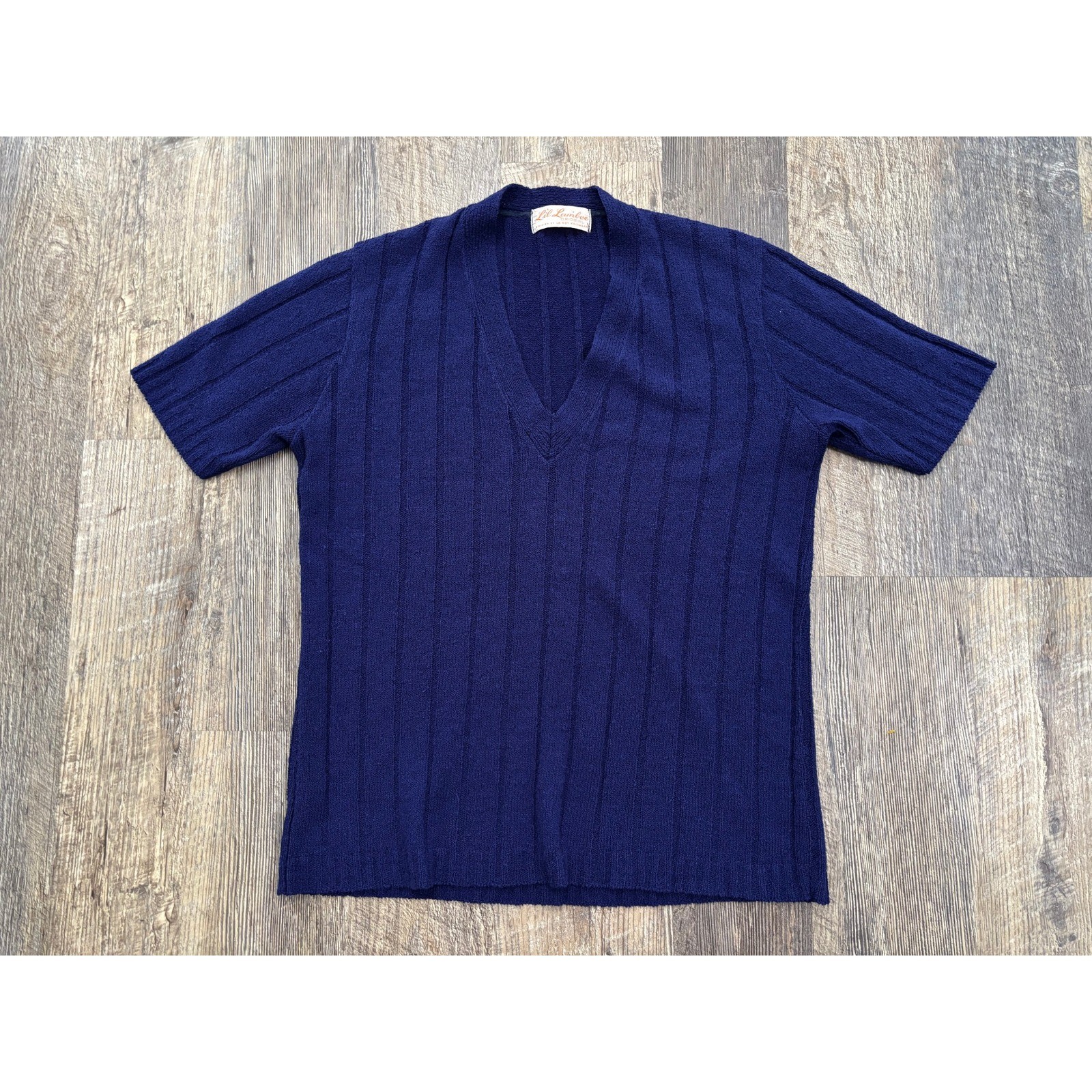 Vintage Lil Lambee Le Roy Knitwear Navy Blue Ribbed V-Neck Short Sleeve Sweater