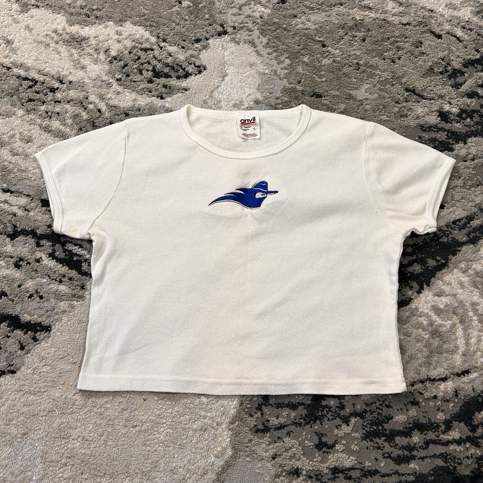 Vintage Anvil White Babydoll Tee with Blue Western Cowboy Hat Embroidery sz L