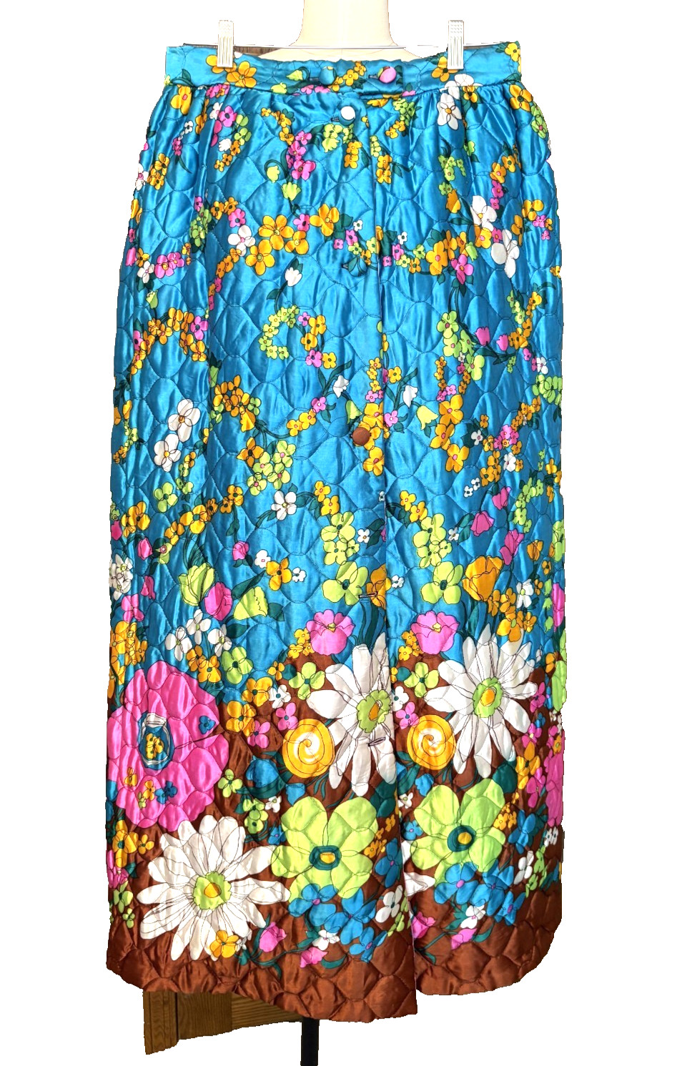 Vintage 1970’s Bright Colorful Blue Quilted Floral Maxi Skirt 32″ waist