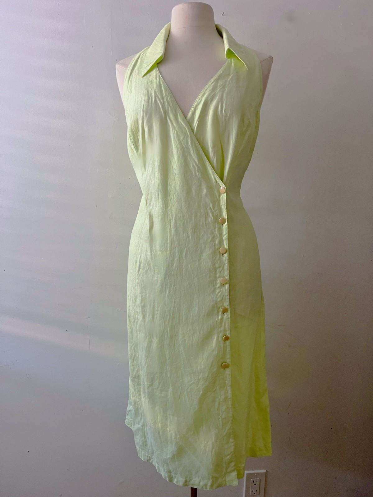 Escada Vintage 90s Chartreuse Linen Shirt Dress Quiet Luxury Designer