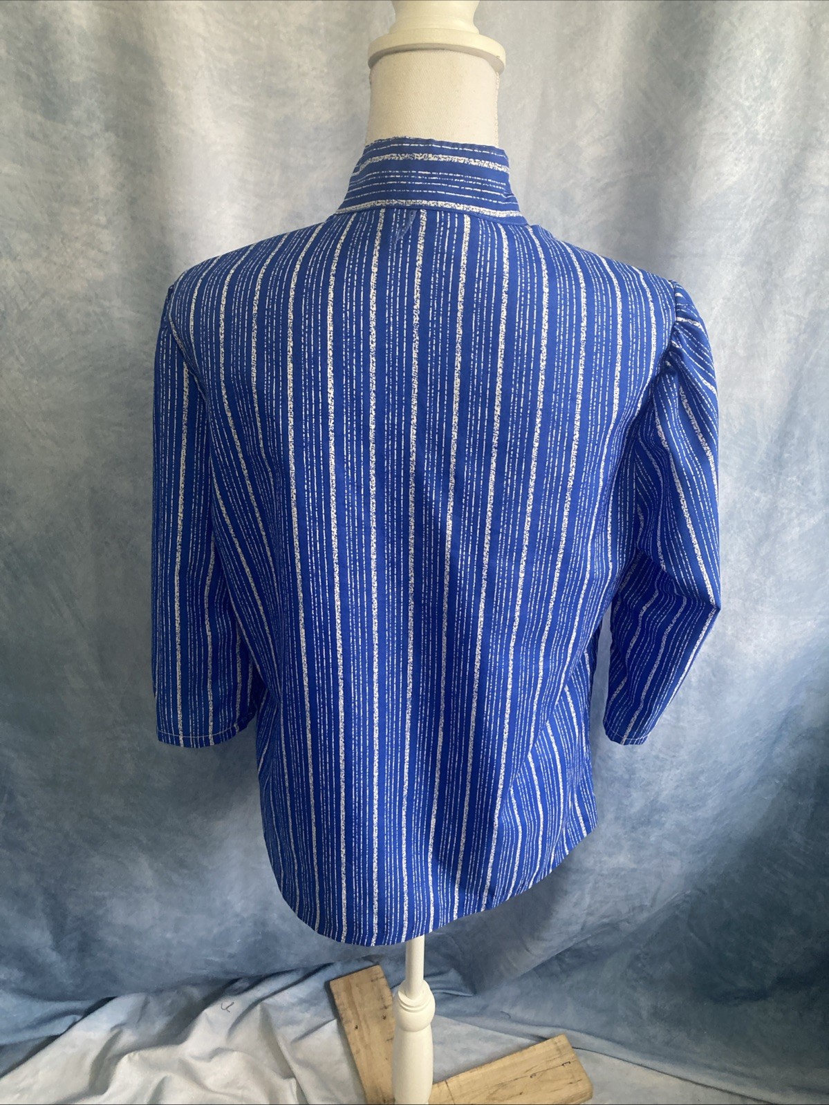 Vtg 70s rrrrruss Russ Togs Sz 14 Blue White Striped Puff Sleeve Blouse ILGWU EUC