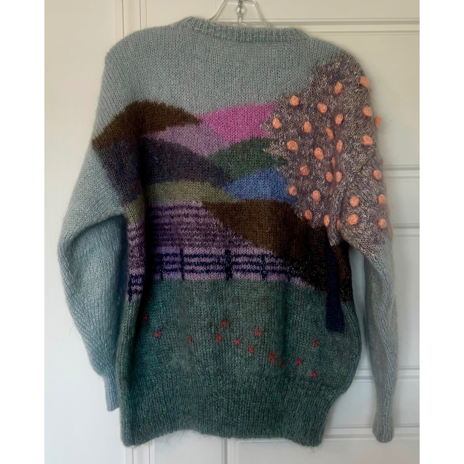 Vtg 80s SUSIE LEE Mohair Sheep Sweater Hand Knit Pastel Cottagecore Landscape L