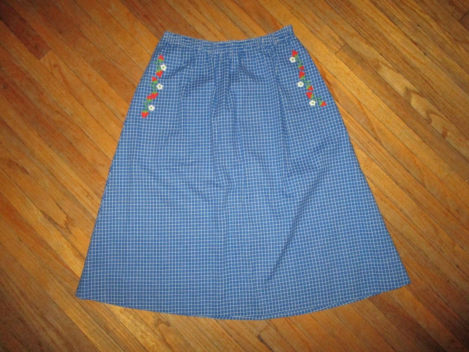 vtg 1970s 1980s SEA WAVES SKIRT Geometric Checker Applique Flowers Blue SMALL
