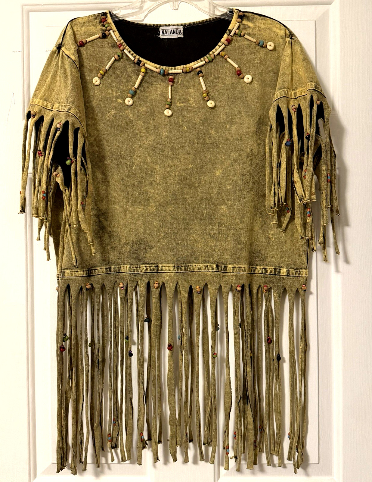 Archive Vtg 90s Nalanda Japan Acid Wash Fringe Beaded Top Native Western M L