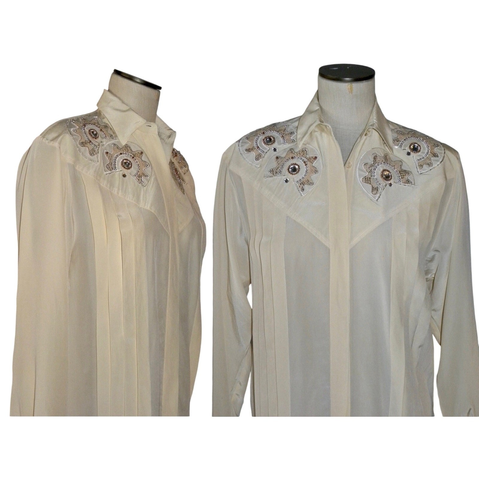 Vintage 80s Ivory Silk Tuxedo Blouse Beaded Rhinestone Appliqué Hidden Placket