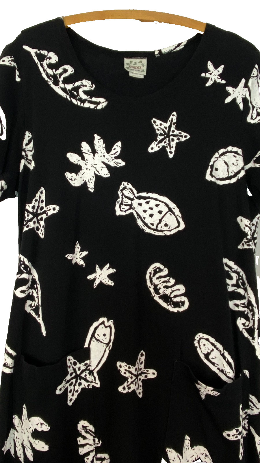 Vintage 1990s novelty print midi dress M fish star beach cotton relaxed pockets
