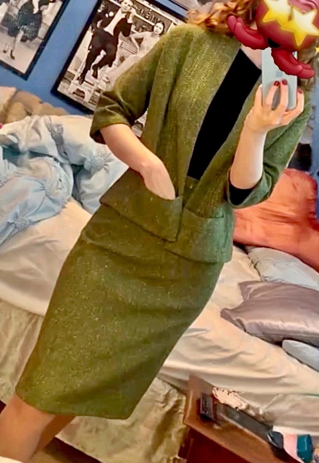 Vintage 1960s Juniors Olive Green Flecked Wool Skirt Set Suit Swing Jacket XS