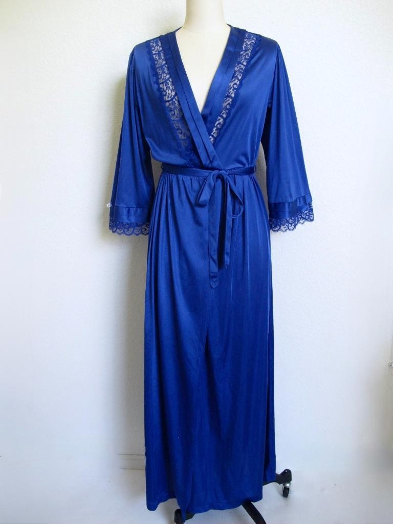 Vintage Gilead Long Silky Nylon Robe w Lace Insertion S Tie Belt Royal Blue