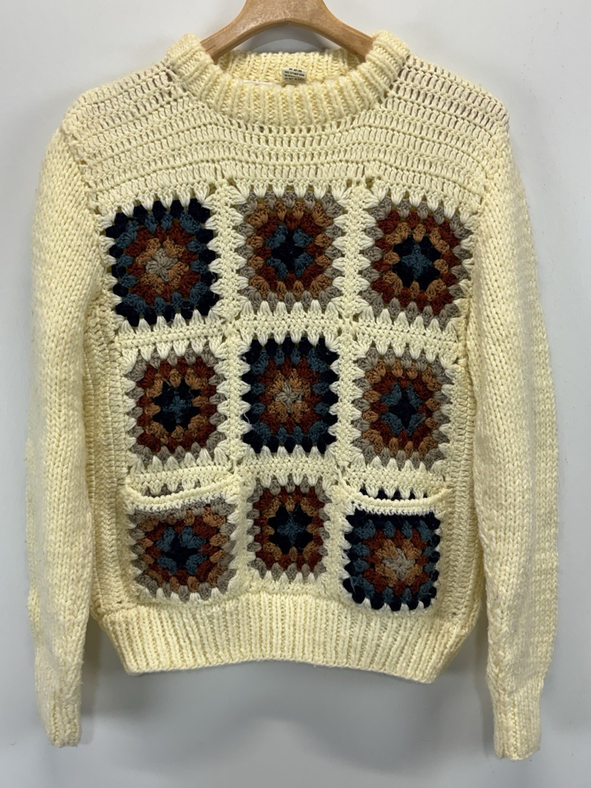 Vtg Alfie Crochet Square Sweater Adult L Ivory Retro Grandma Grandpa Core 60s