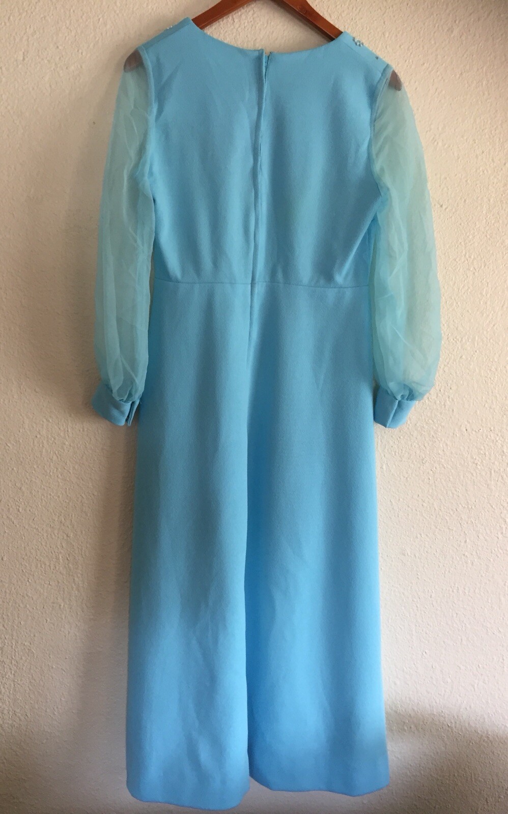 VTG Blue Maxi Dress Sheer Sleeves 1960s Retro Mod Baby Blue Party Hostess L