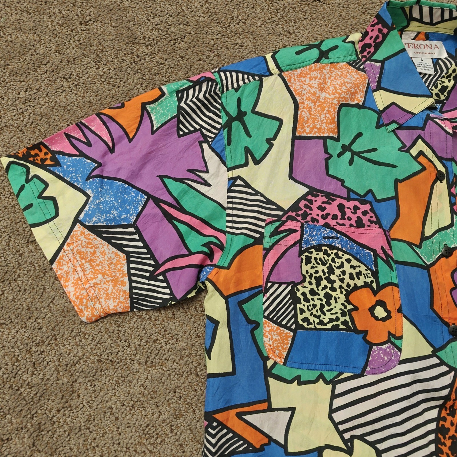 Verona Original Vintage 90s 100% Silk Abstract Geometric Short Sleeve Shirt S