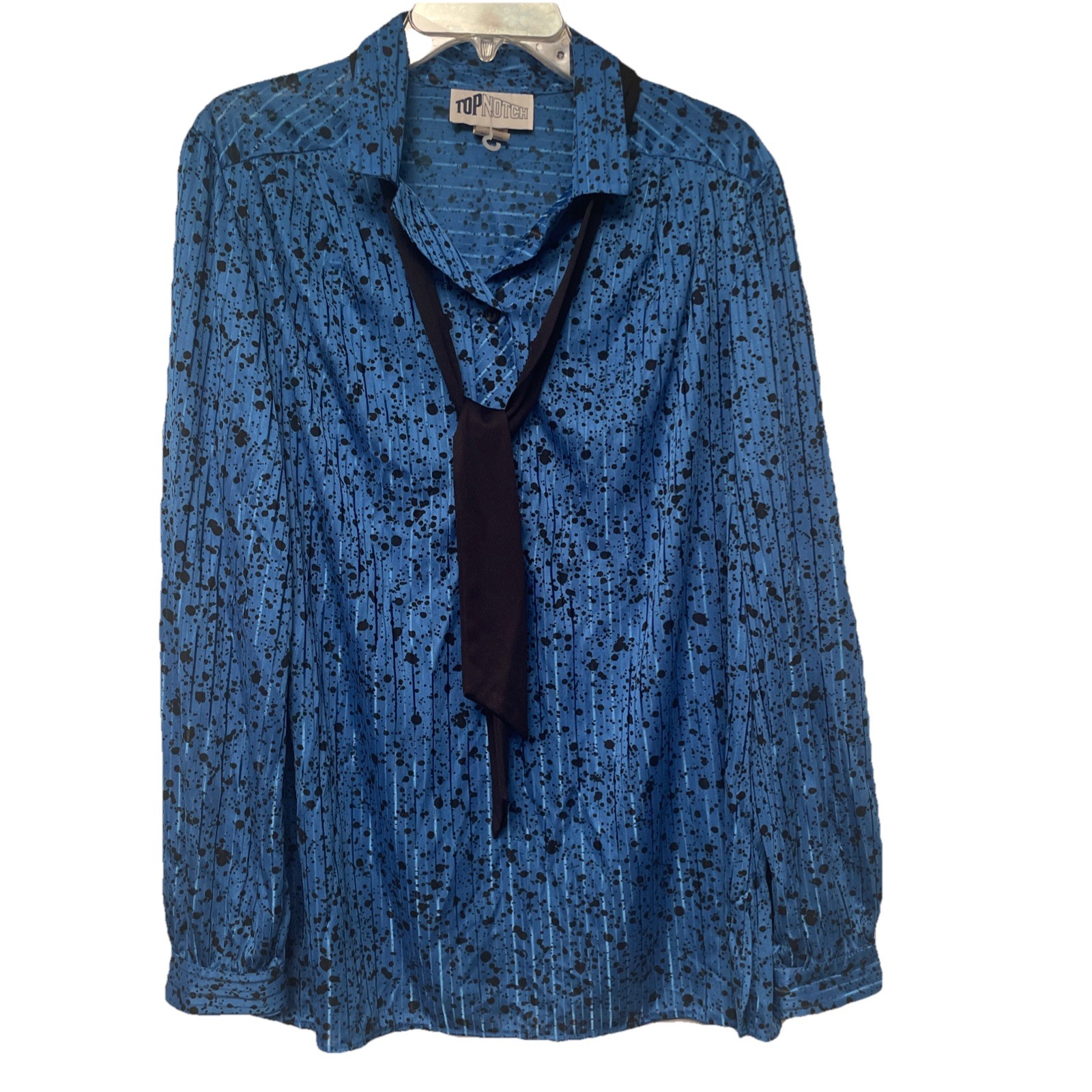 90s Vintage Top Notch Shirt Women40/20w Blue pattern Print Collar Tie Made USA
