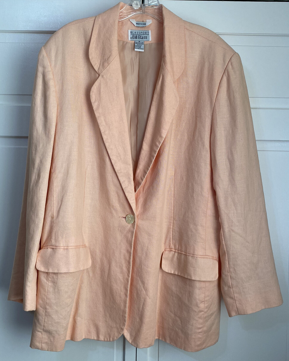 Vintage 100% Linen Classic Blassport Bill Blass Peach Blazer Jacket Size 16