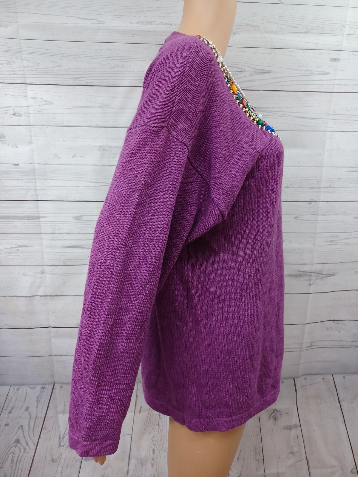 Vtg Victoria Harbour Purple Beaded Gold Sweater Embellished Size M