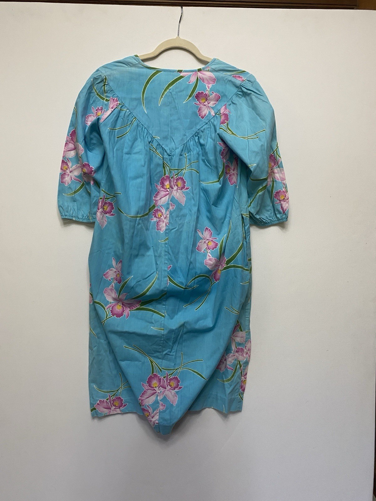 Vintage 70s 80s Nani Honolulu S Mumu Kaftan USA Orchids Turquoise
