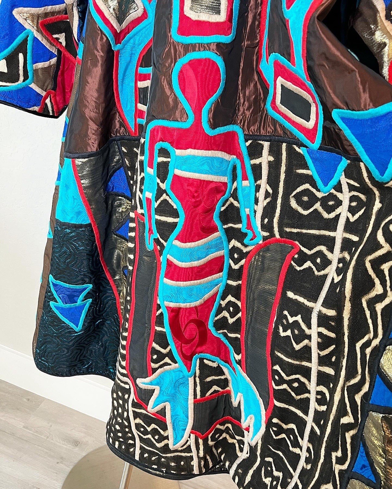 Vintage 80s Judith Roberts Patchwork Mermaid Embroidered Mudcloth Long Coat