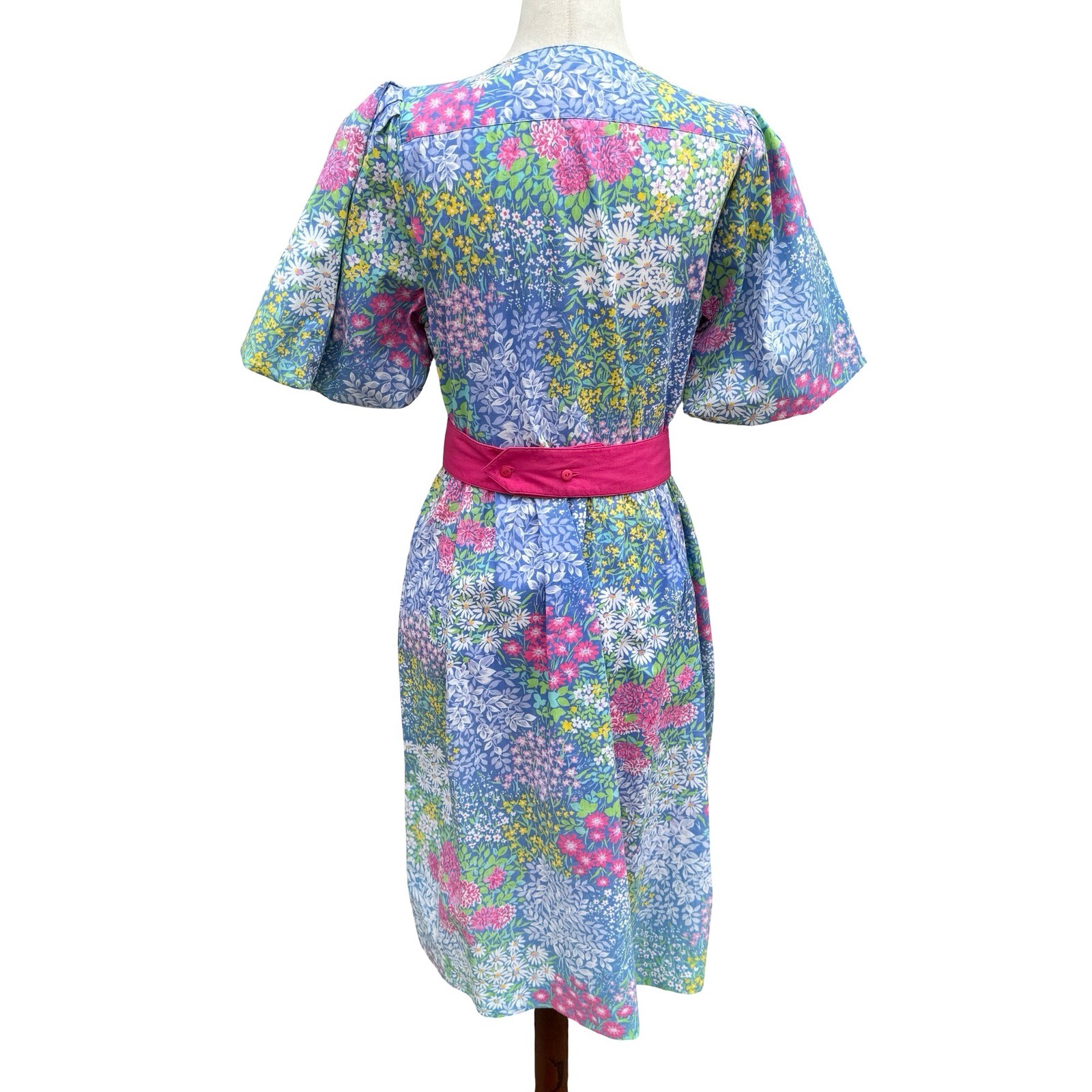 Petites by Willi Vintage Floral Puff Sleeve Midi Dress Blue Pink Size 4 USA Made