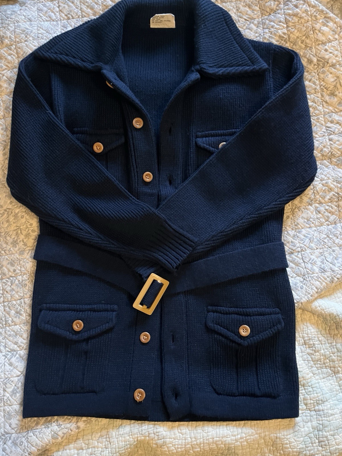 Vintage Left Bank Sweater Wood Buttons Belt Navy Blue Size M Medium