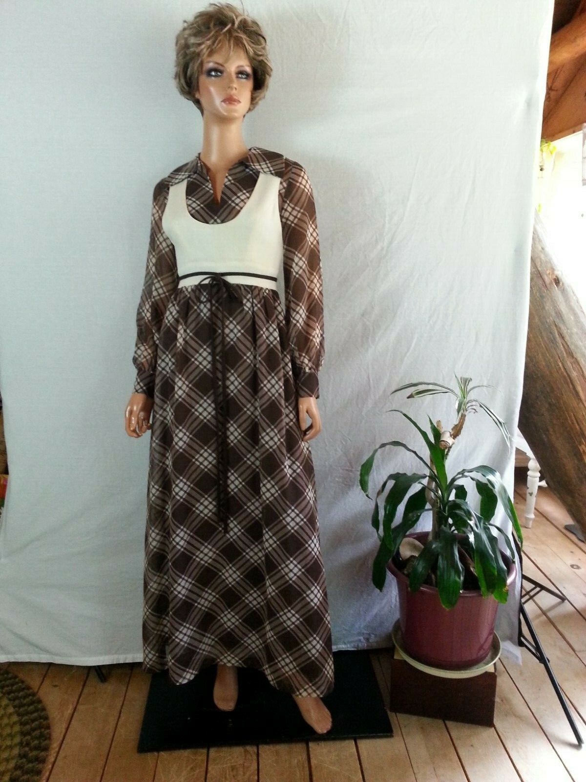 Vtg 70s Pedestal Maxi Long Dress Brown Cream Checks Long Sheer Sleeve Hippy P/XS