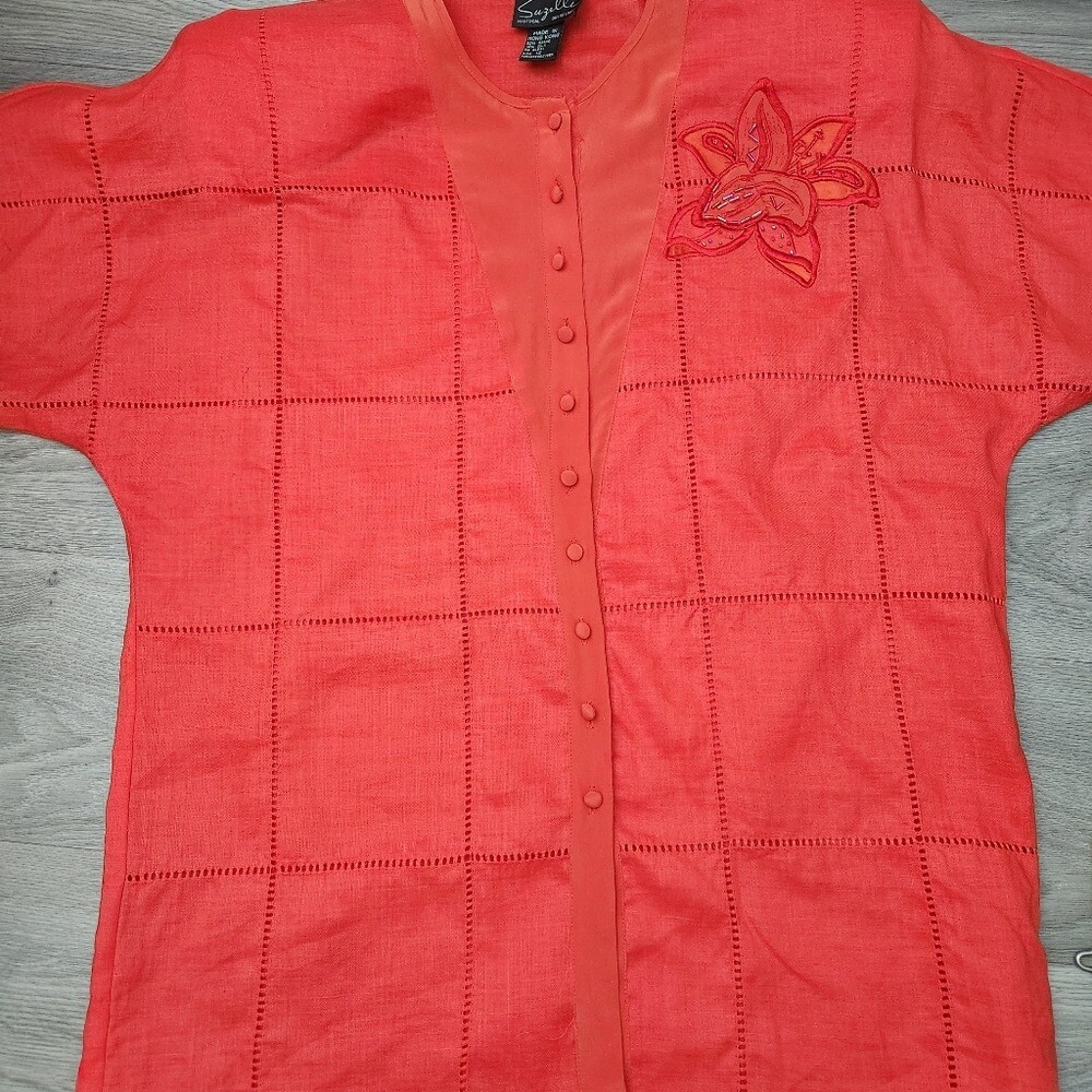 Vintage Suzelle Orange Top Size 12 Linen Silk Embroidered Floral Button Perforat