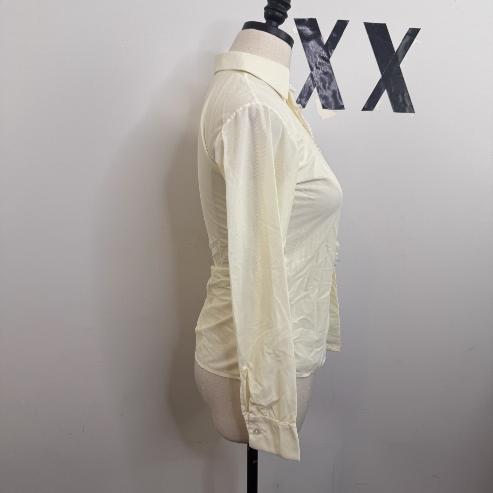 French Vintage 70s Polyamide Fitted Button Up Blouse Ruffle Overlay Top 32