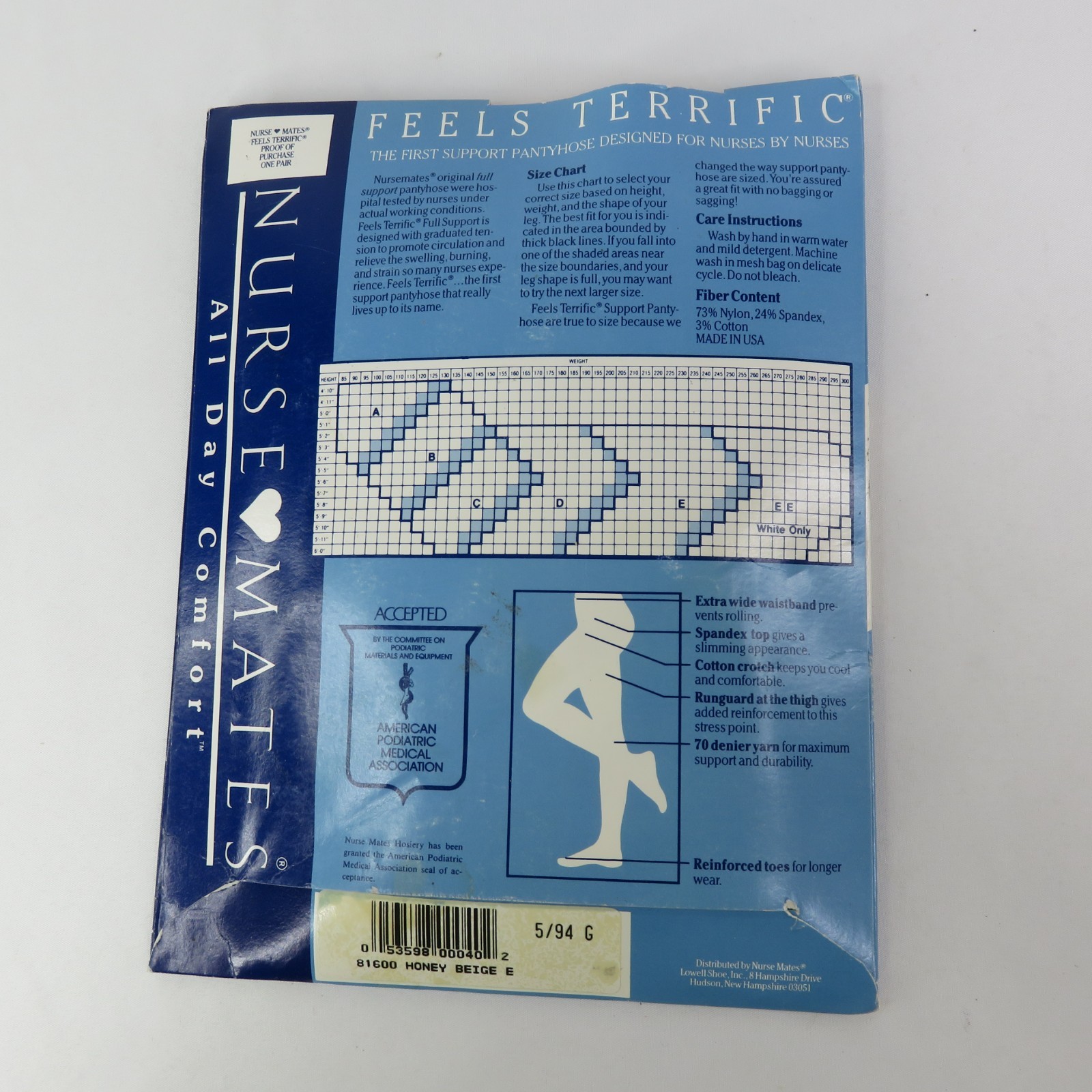 Vintage Nurse Mates Feels Terrific Pantyhose Size E Honey Beige Full Support NOS