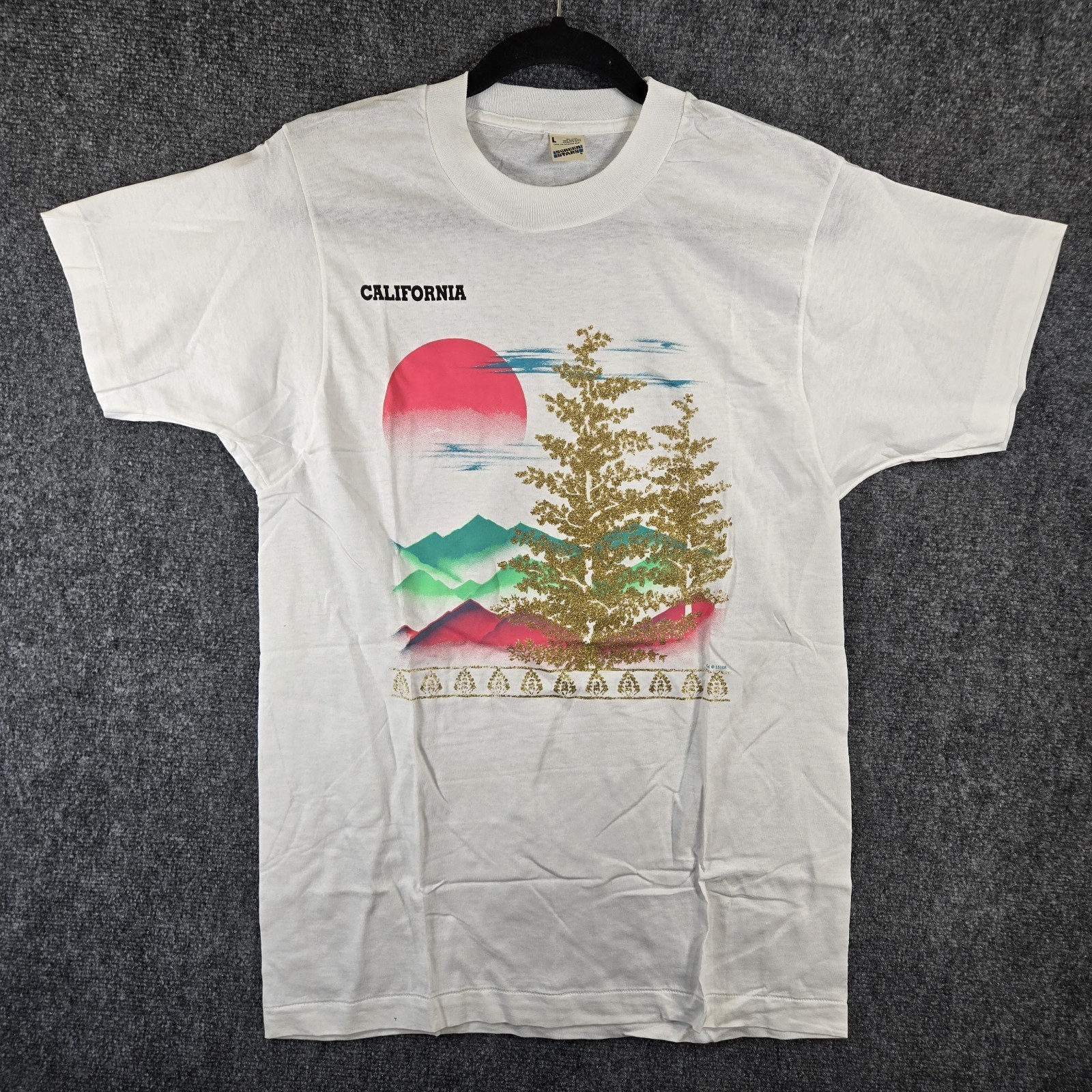 Vtg 80s Screen Stars California Glitter Graphic Print T Shirt L Single Stitch