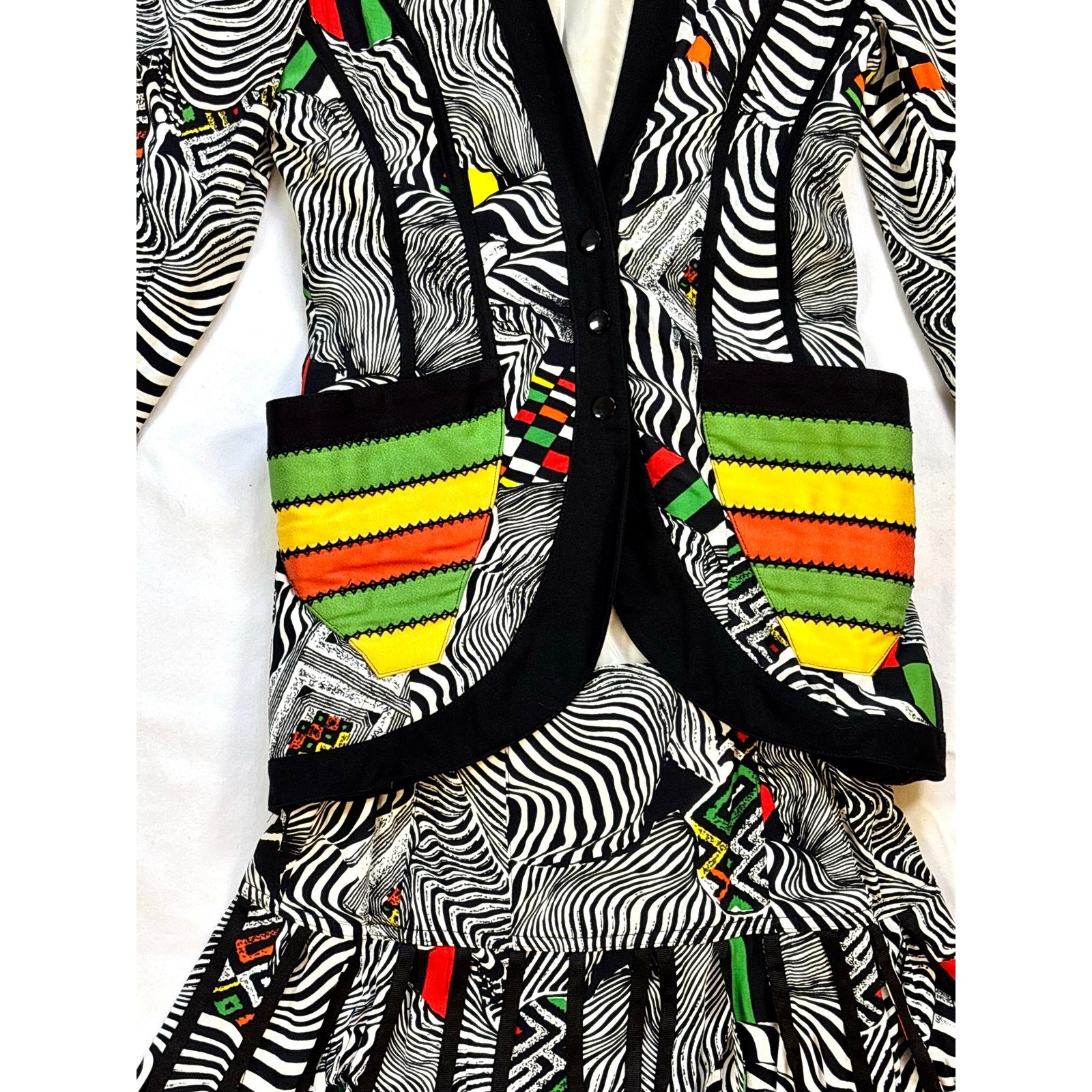 1980s IIF Zebra Geometric Print Skirt Set Blazer Car Wash Fringe Mini Two Piece