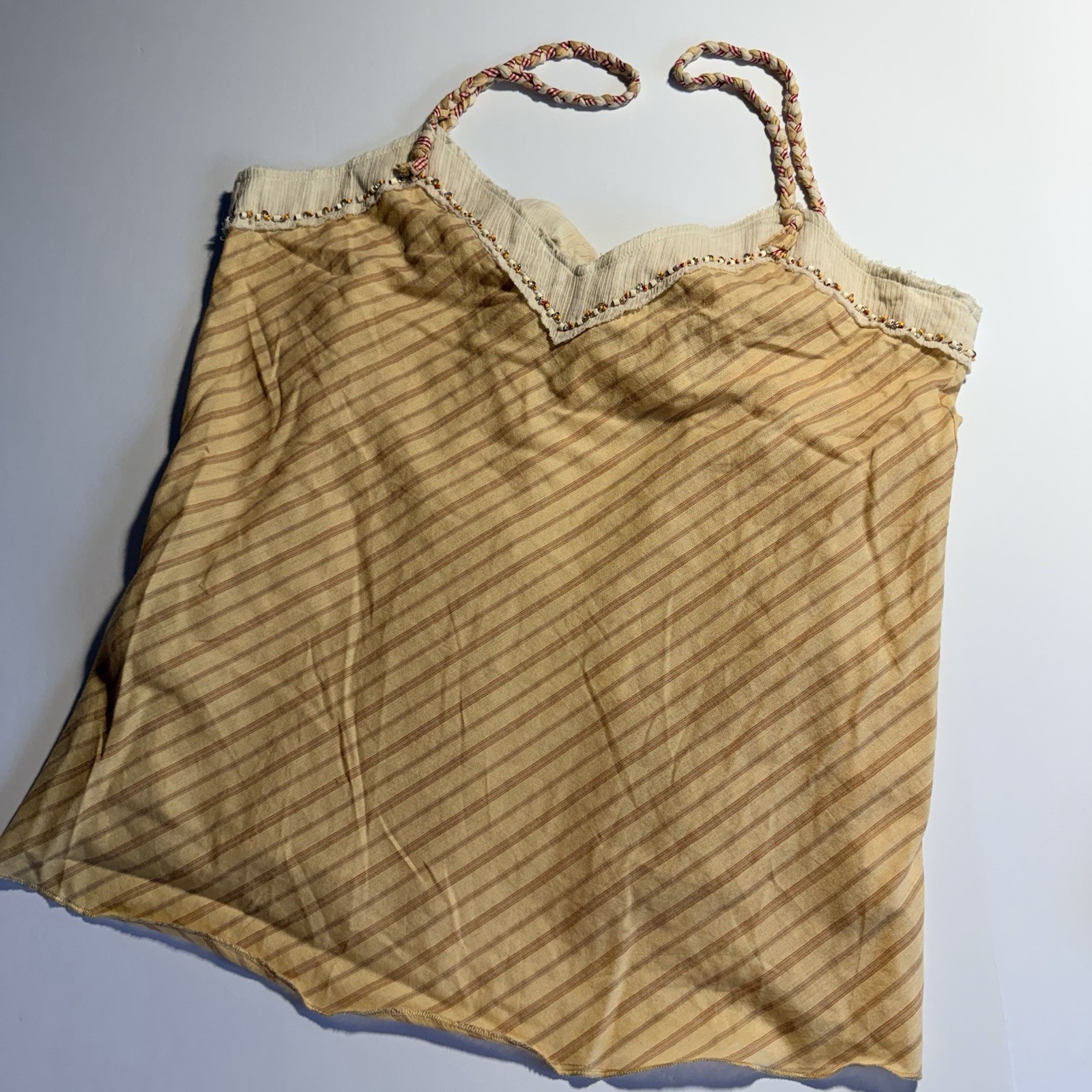 NWT Free People Striped Beaded Camisole Top Beige Cream Orange 100% Cotton