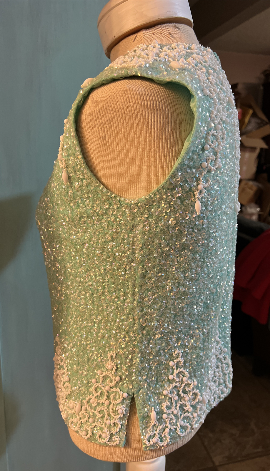 Vintage House of Gold Wool Heavily Blue Beaded Sequin Shirt Lined Zip Size 36