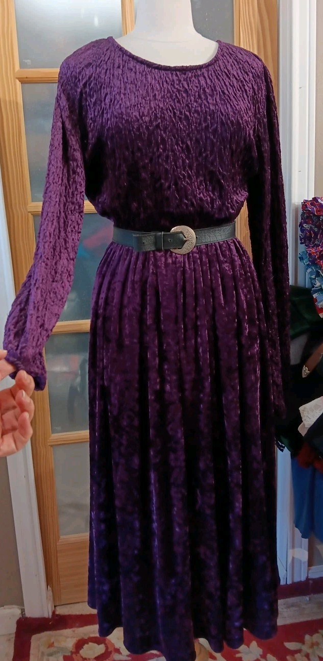 Vtg Western Dress 80s Velvet Purple Full CIRCLE T Swing Sz M Belt Amazing Midi