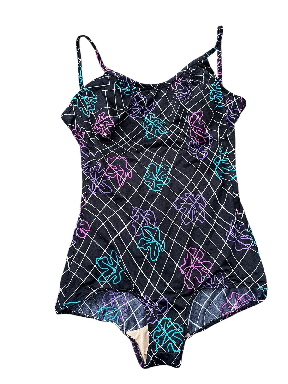 VTG Maxine Of Hollywood One Piece Swimsuit Size 16 Black Pink Green Purple