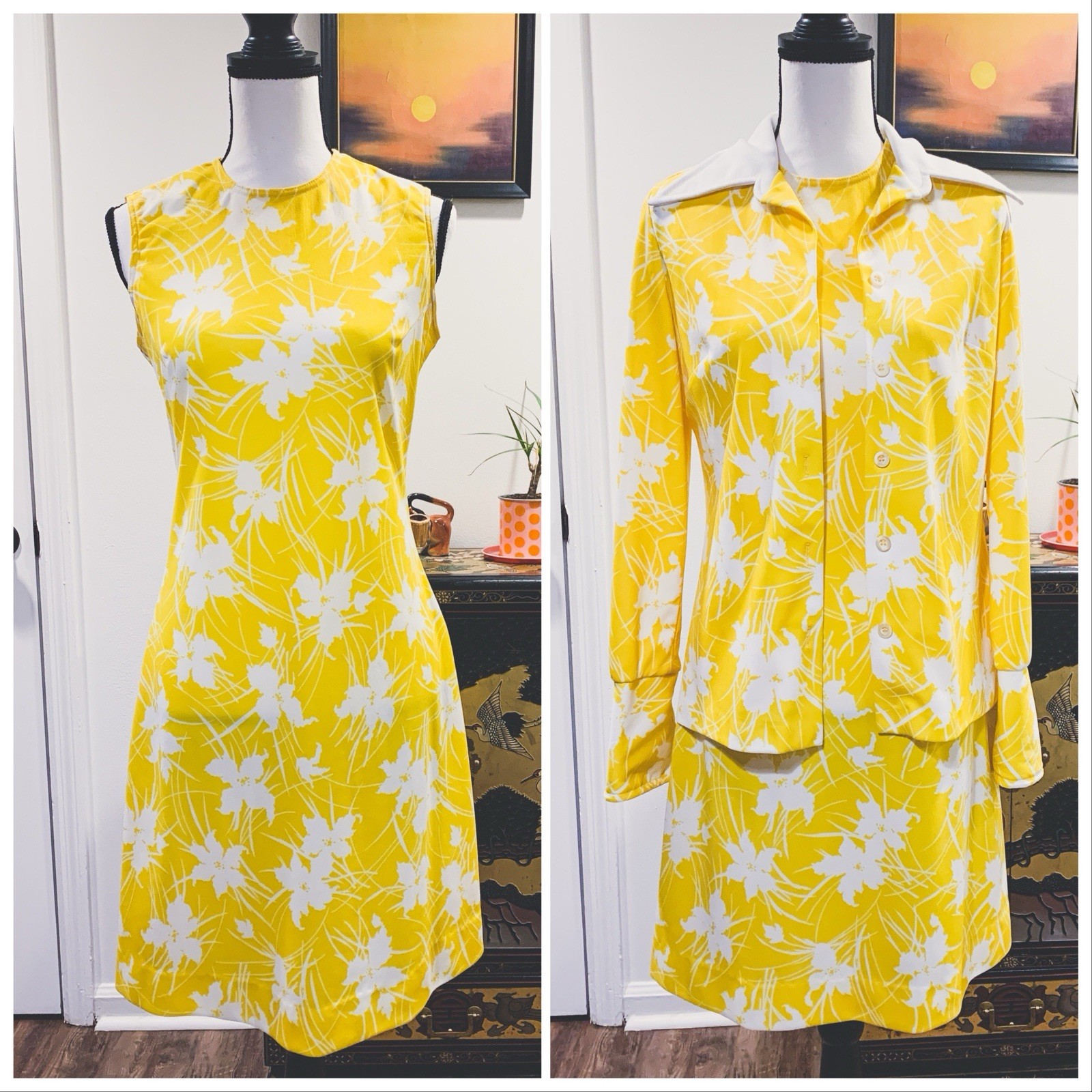 Vtg 70’s Yellow Mod Floral Two Piece Dress Set by Kenny Classics Ex+ Sz M/L