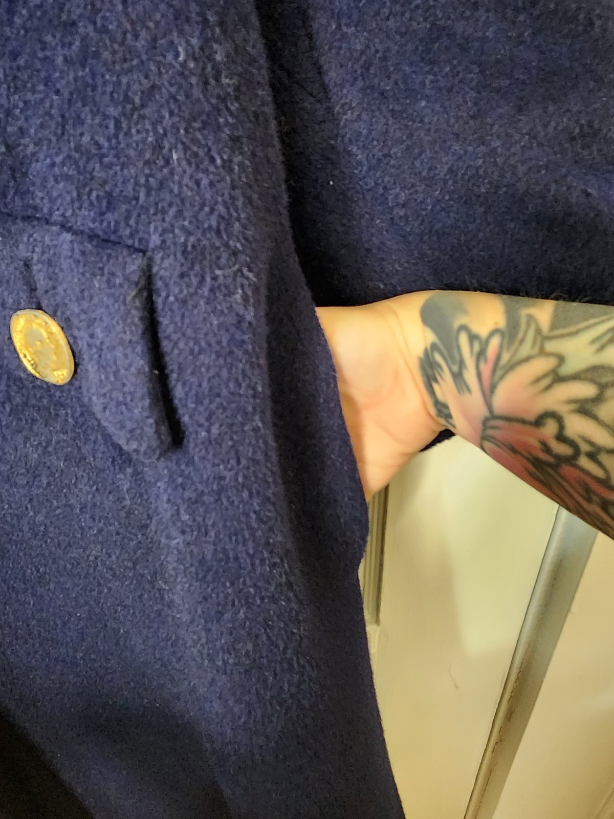 Large Originala Stroock Wool? Navy Coat With Gold Roman Coin Buttons