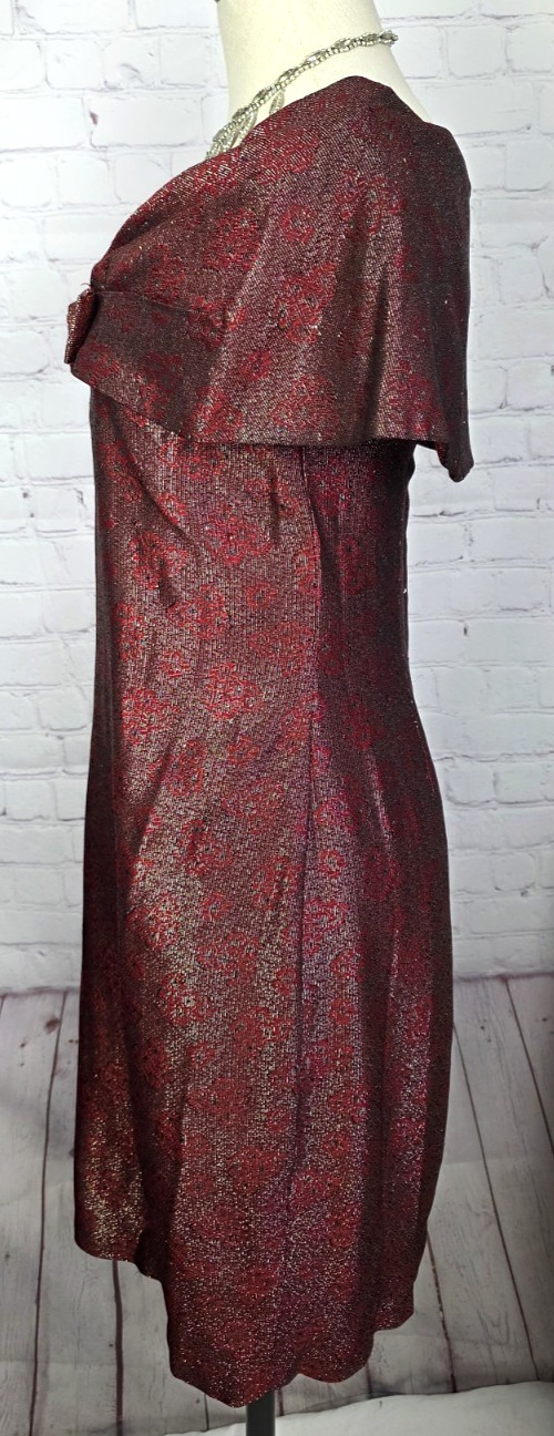 Vintage 60’s Sheath Cocktail Dress Red Gold Metallic Bow Elegant Luxury Glam S/M