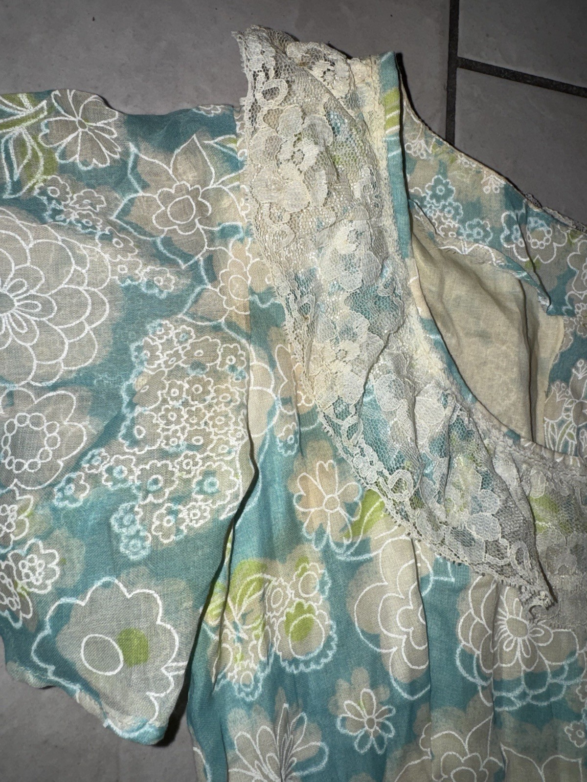 Vtg 1970s Maxi Prairie Dress Blue Floral Lace Victorian Cottage-core 60s Size XS
