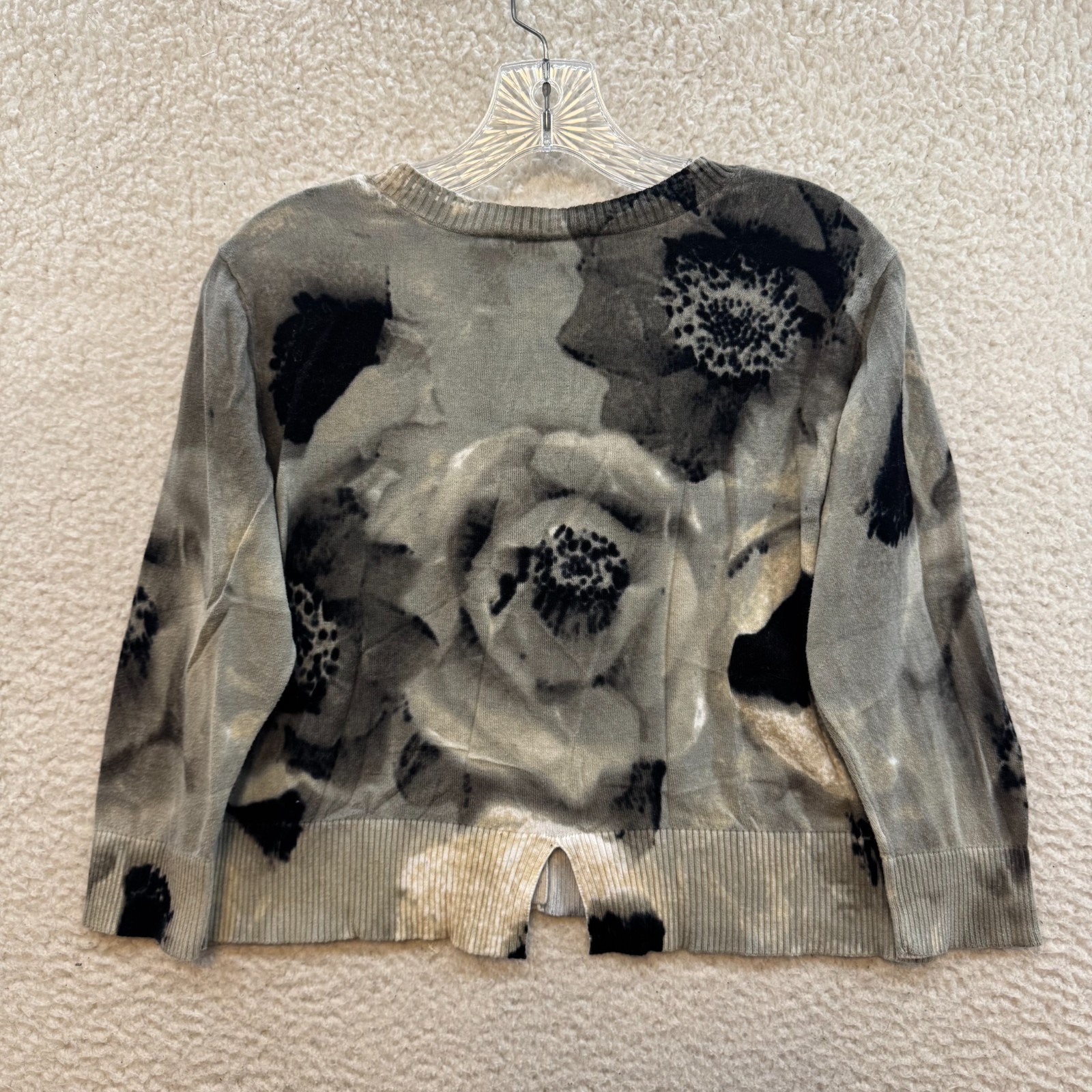 Y2K Vintage Cardigan Sweater XL Grey Rose Floral Cropped Bolero Shrug 3/4 Sleeve