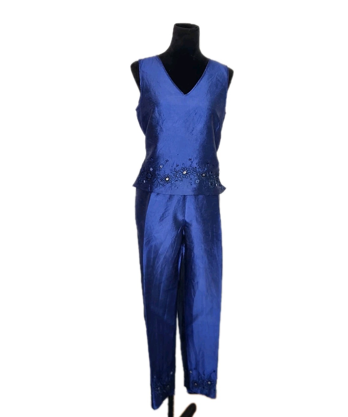 Sunny Leigh Vintage Blue Beaded Silk Dupioni 2 Piece Pants Blouse Set Size M
