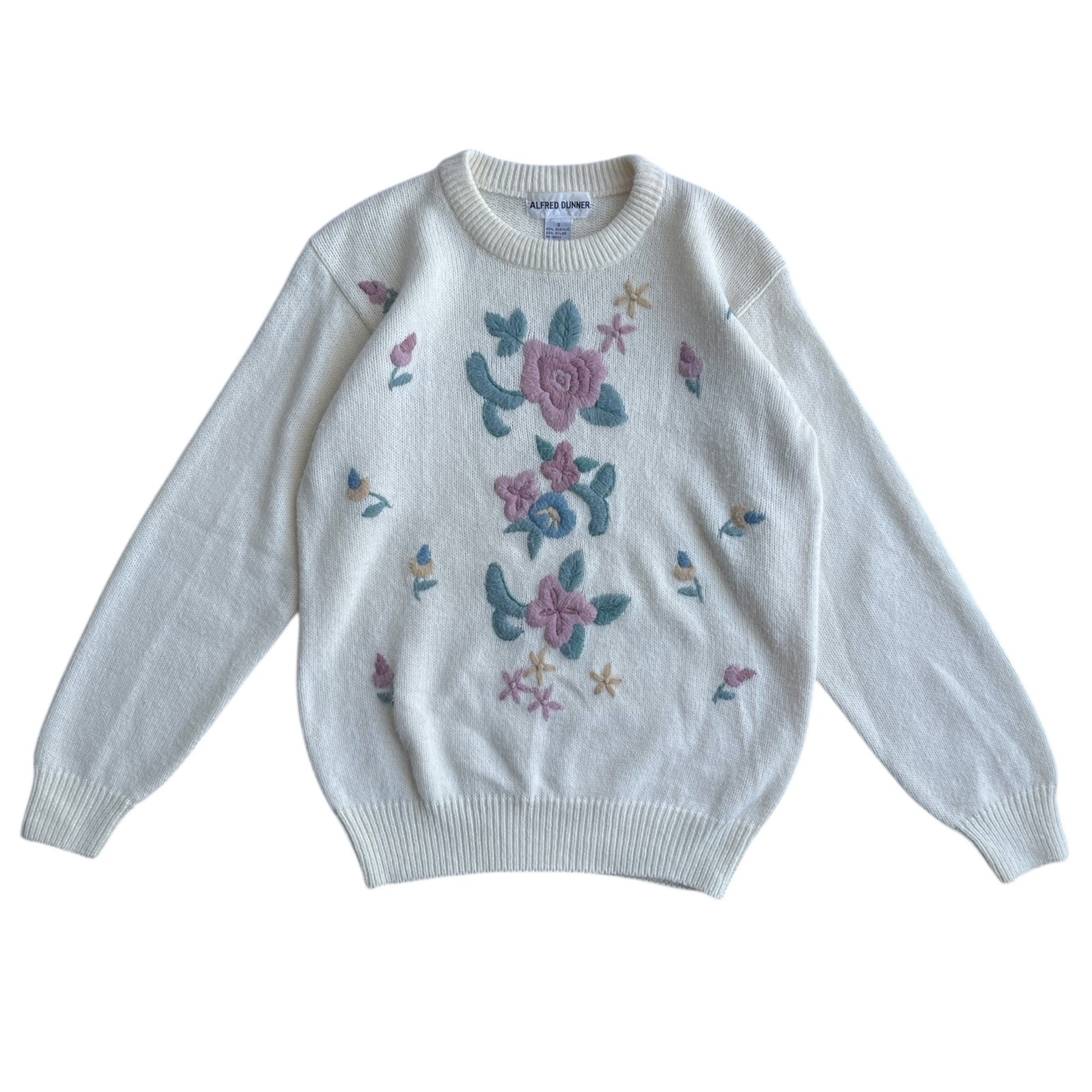 Alfred Dunner Women’s Soft Cream Pullover Sweater Rose Embroidery Floral Small