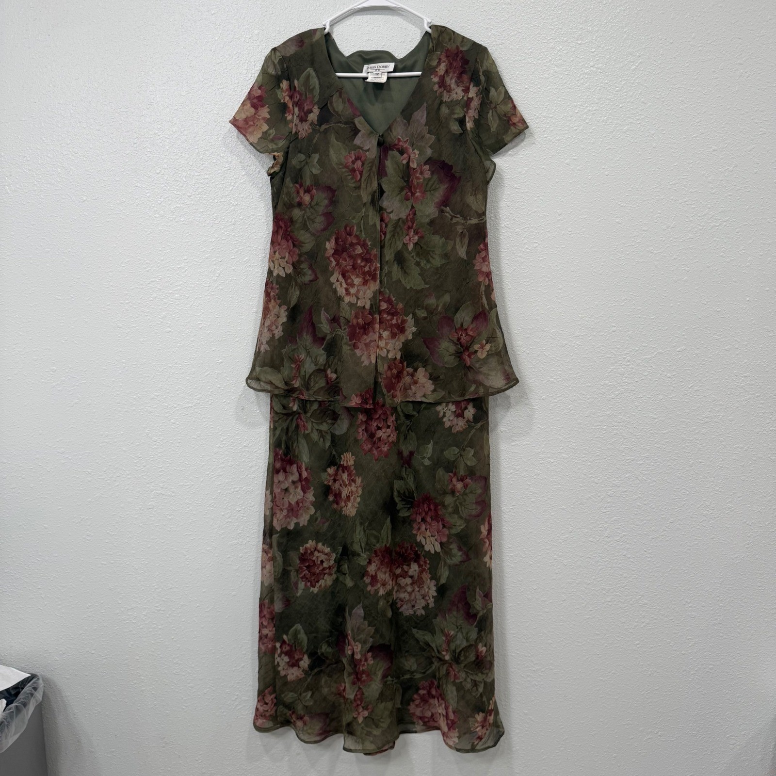 Miss Dorby Vintage Floral Maxi Dress Olive Green Hydrangea Print 12 8663117