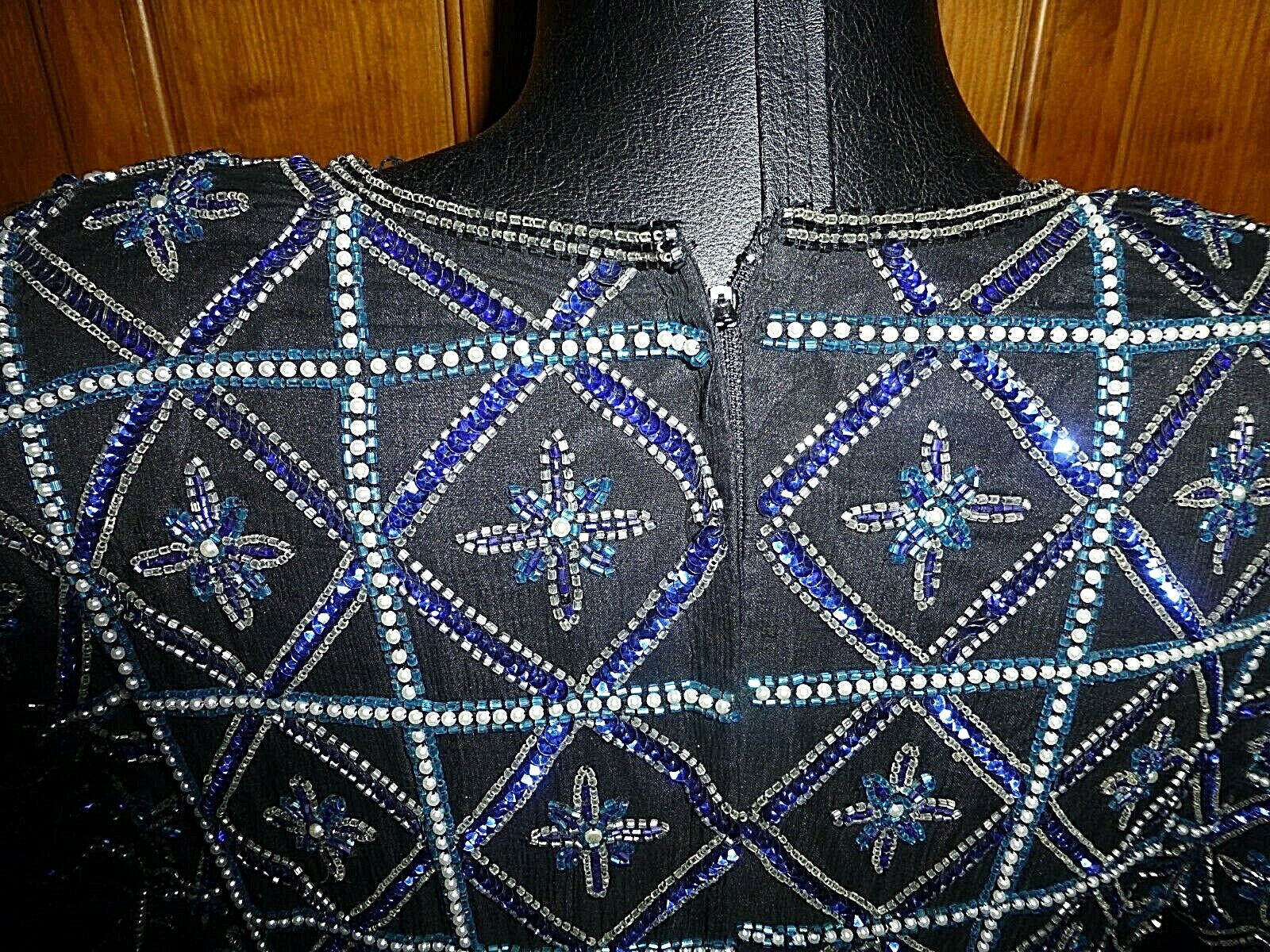 Vtg Royal Blue SEQUIN Beads Pearl Embroidered SILK Evening Party Top Blouse PL