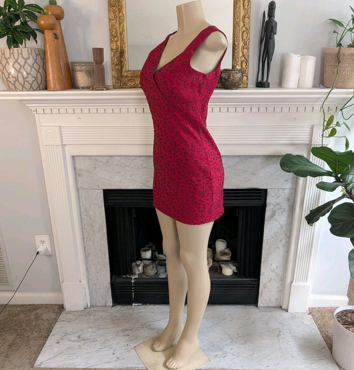 Vintage 80s Red Black Faux Wrap Mini Dress Size S Floral Flocked Silver Glitter