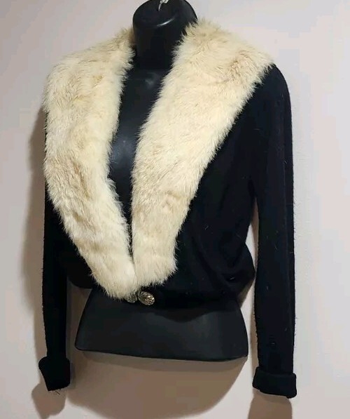 Vintage Black Orlon Sweater Mink Collar Kin Kaid Knits Turbo Interlock