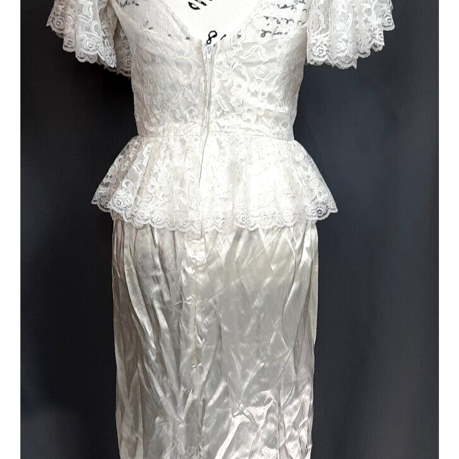 Vtg Diamonds Run Lace Puff Sleeve Peplum Satin Midi Dress Size 8 White Coquette