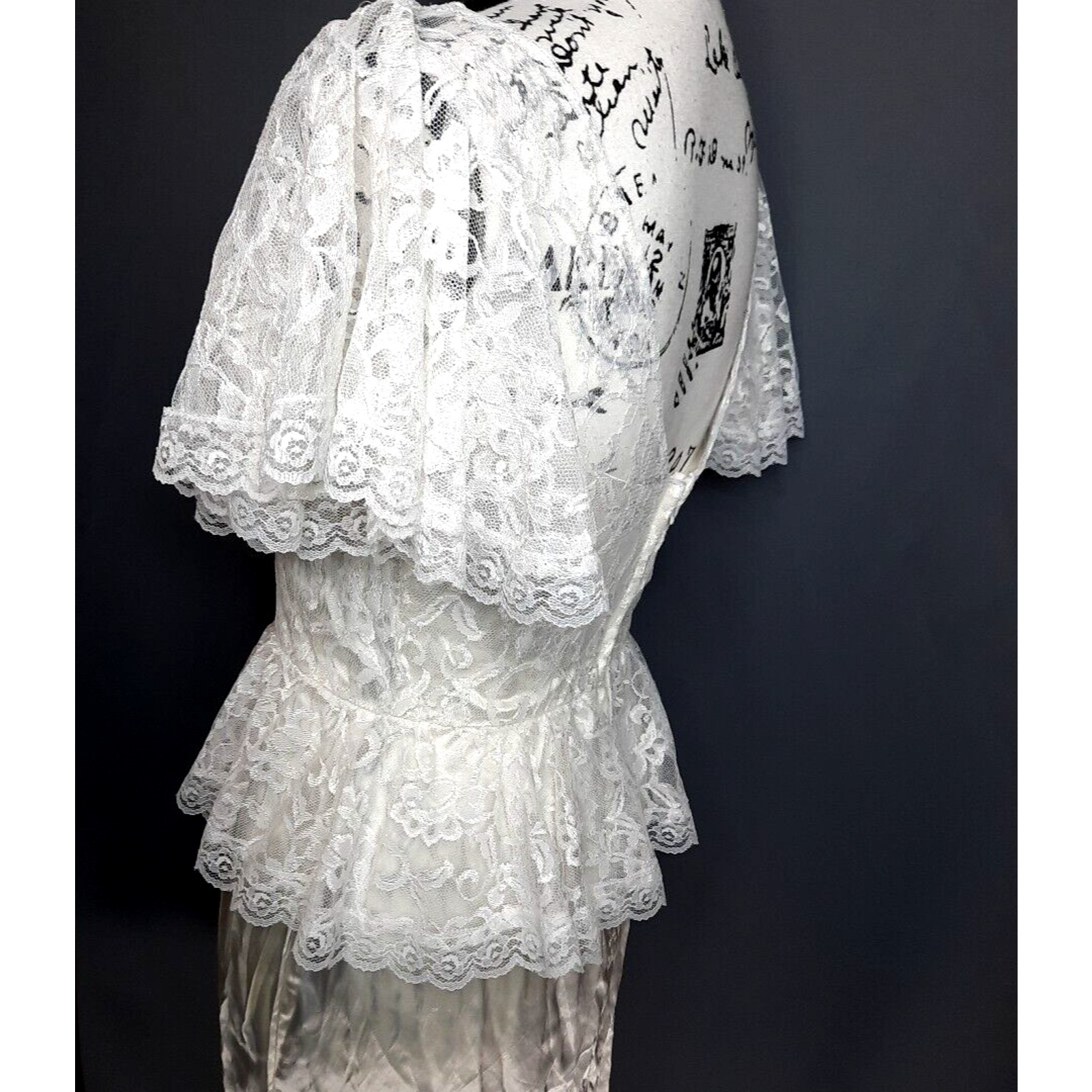 Vtg Diamonds Run Lace Puff Sleeve Peplum Satin Midi Dress Size 8 White Coquette